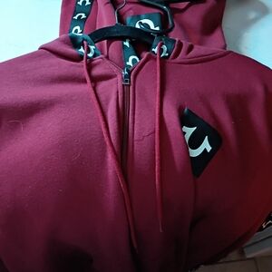 Tru True Religion Men's Maroon Zip Hoodie with Black Trim